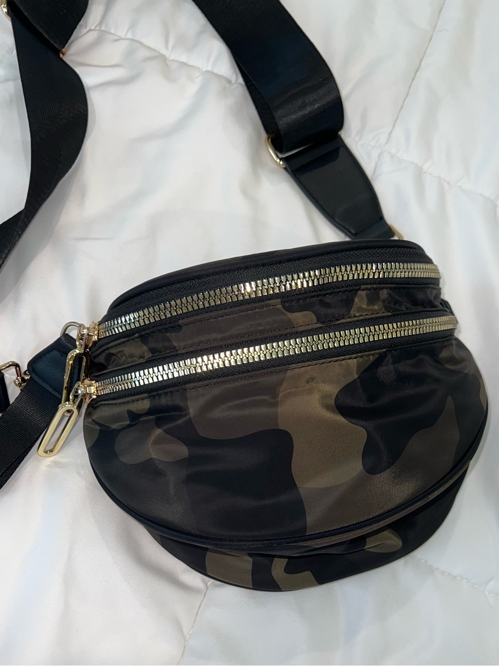 Camouflage Crossbody Belt Bag with Gold Zippers